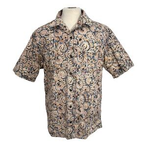 Vintage ORVIS Men's Size L Floral Print 100% Cotton Button Up Shirt Blue Tan